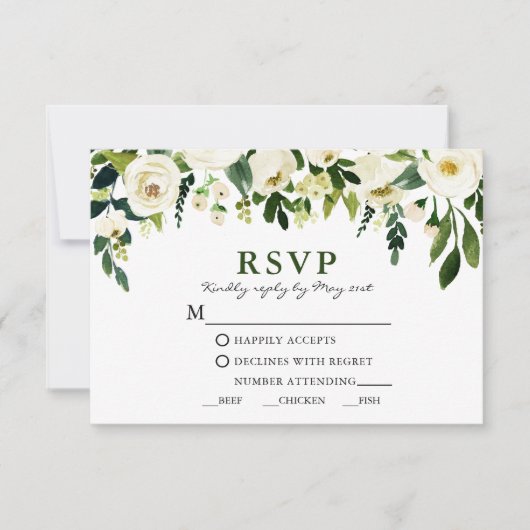 Waterverf White Floral Greenery Meal RSVP Kaartje (Voorkant)