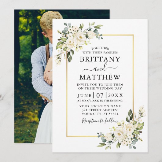 Waterverf White Floral Greenery Photo Wedding Kaart (Voorkant / Achterkant)