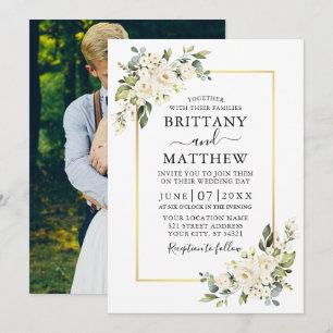 Waterverf White Floral Greenery Photo Wedding Kaart