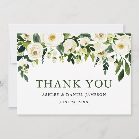 Waterverf White Floral Greenery Wedding Bedankkaart (Voorkant)