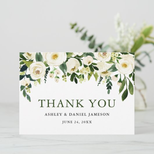 Waterverf White Floral Greenery Wedding Bedankkaart (Staand voorkant)