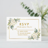 Waterverf White Floral Greenery Wedding Gold RSVP Kaartje (Staand voorkant)