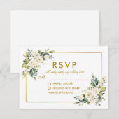 Waterverf White Floral Greenery Wedding Gold RSVP Kaartje (Voorkant / Achterkant)