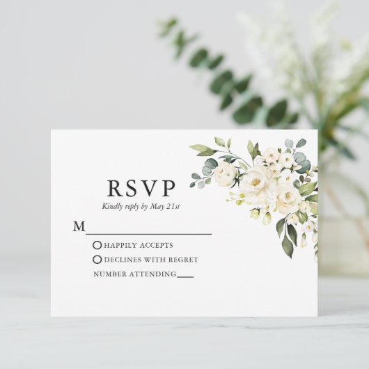 Waterverf White Floral Greenery Wedding RSVP Kaartje (Staand voorkant)