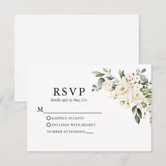 Waterverf White Floral Greenery Wedding RSVP Kaartje (Voorkant / Achterkant)