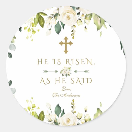Waterverf White Floral Hij is een goudpaasmaaltijd Ronde Sticker (Voorkant)