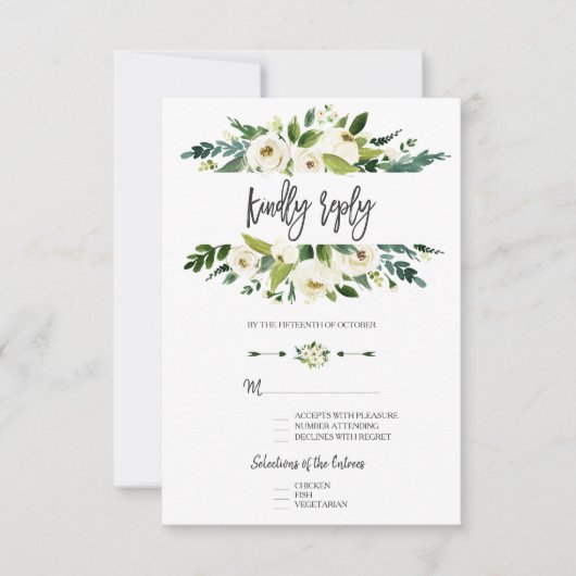 Waterverf White Floral Lijst Wedding RSVP Kaartje (Voorkant)