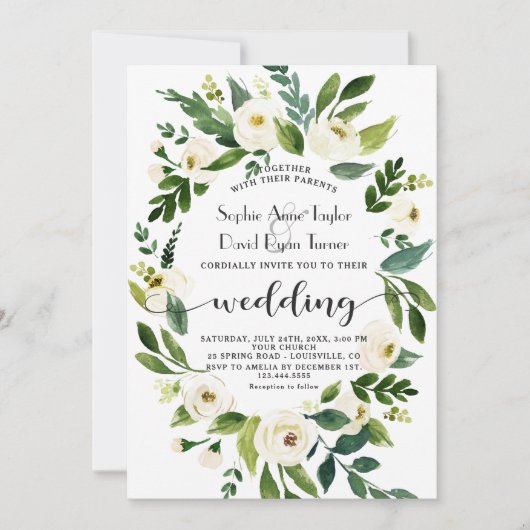 Waterverf White Floral met handschrift bruiloft Kaart (Voorkant)