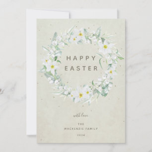 Waterverf White Floral met Happy Easter Flat Feestdagenkaart