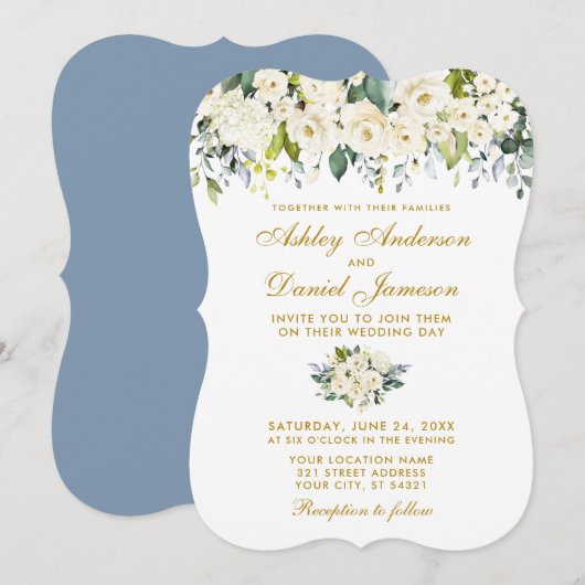 Waterverf White Floral Wedding Dusty Blue Gold Kaart (Voorkant / Achterkant)