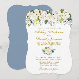 Waterverf White Floral Wedding Dusty Blue Gold Kaart