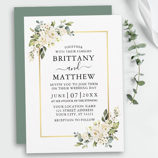 Waterverf White Floral Wedding Sage Green Kaart