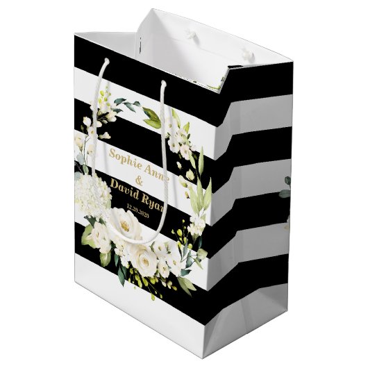 Waterverf White Floral Wreath Stripes Wedding Medium Cadeauzakje (Achterkant Gekanteld)