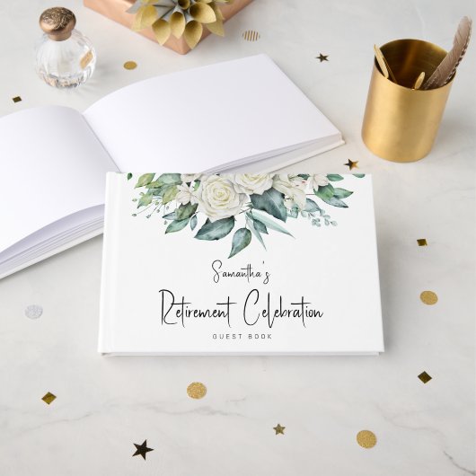 Waterverf White Florals Foliage Retirement Party Gastenboek (Voorkant open)