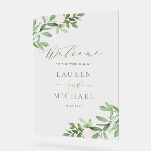 Waterverf White Flowers en Greenery Wedding Acryl Bord (Hoek)