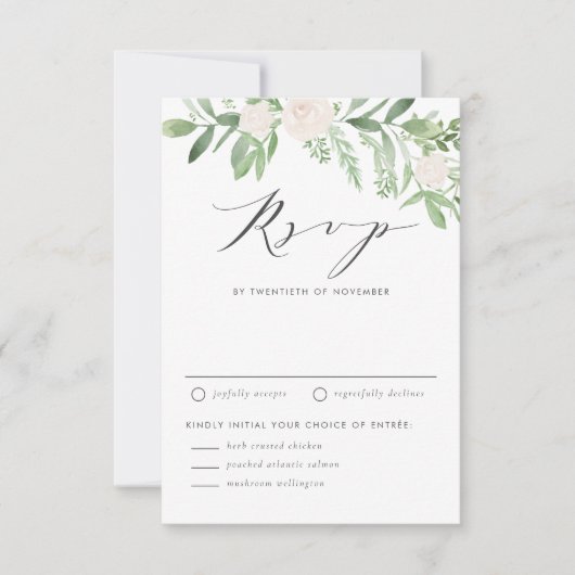 Waterverf White Flowers en Greenery Wedding RSVP Kaartje (Voorkant)