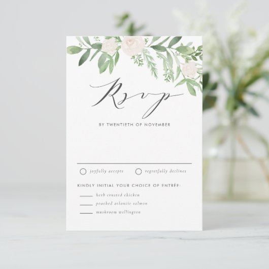 Waterverf White Flowers en Greenery Wedding RSVP Kaartje (Staand voorkant)