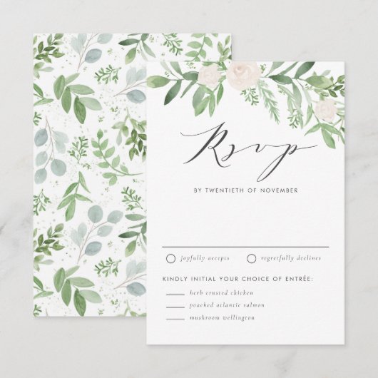Waterverf White Flowers en Greenery Wedding RSVP Kaartje (Voorkant / Achterkant)