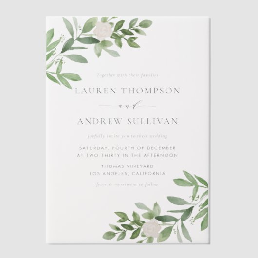 Waterverf White Flowers en Greenery Wedding Vellum Uitnodigingen (Voorkant)