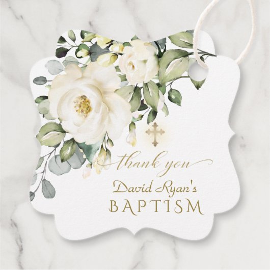 Waterverf White Flowers Gold Cross Boy Baptisme Bedankjes Labels (Achterkant)