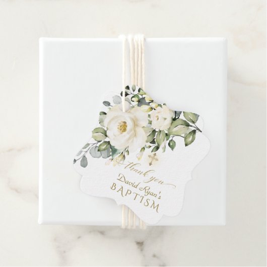 Waterverf White Flowers Gold Cross Boy Baptisme Bedankjes Labels (In situ)