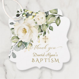 Waterverf White Flowers Gold Cross Boy Baptisme Bedankjes Labels