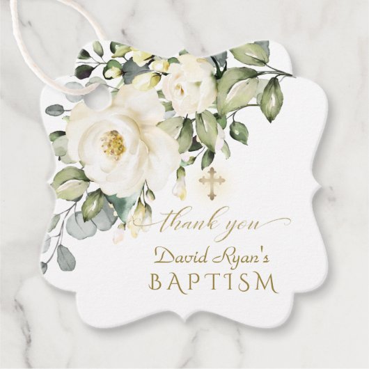 Waterverf White Flowers Gold Cross Boy Baptisme Bedankjes Labels (Voorkant)
