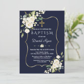 Waterverf White Flowers Gold Cross Boy Baptisme Kaart (Staand voorkant)