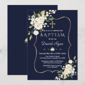 Waterverf White Flowers Gold Cross Boy Baptisme Kaart (Voorkant / Achterkant)