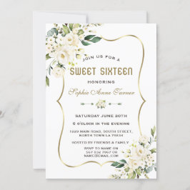 Waterverf White Flowers Gold Lijst Sweet 16 Kaart
