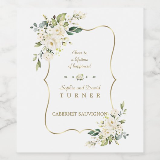 Waterverf White Flowers Gold Lijst Wedding Wijn Etiket (Enkel label)
