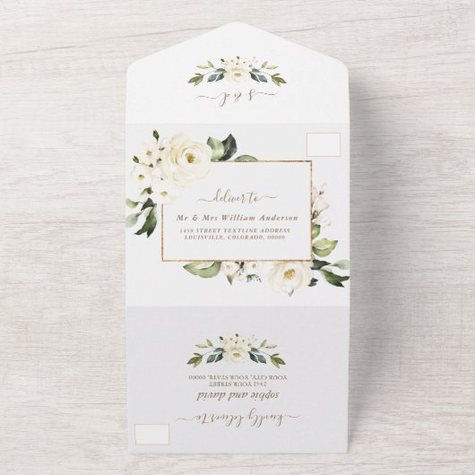 Waterverf White Flowers Gold Monogram Weddenschap All In One Uitnodiging (Buitenkant)