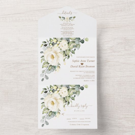 Waterverf White Flowers Gold Monogram Weddenschap All In One Uitnodiging (Binnen)