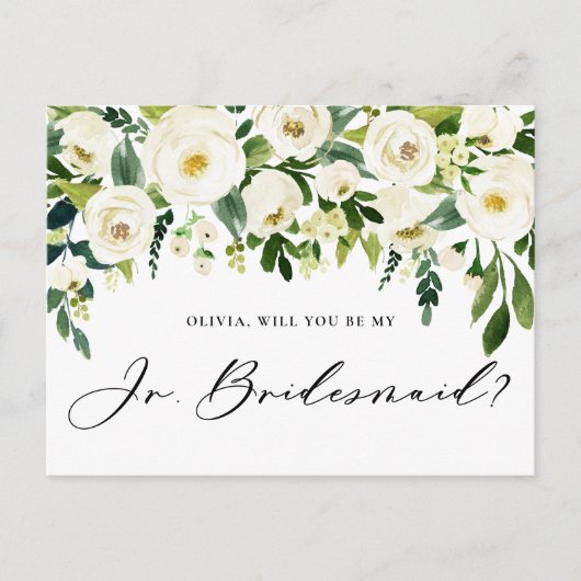 Waterverf White Flowers Jr. Bridesmaid Voorstel Uitnodiging Briefkaart (Voorkant)