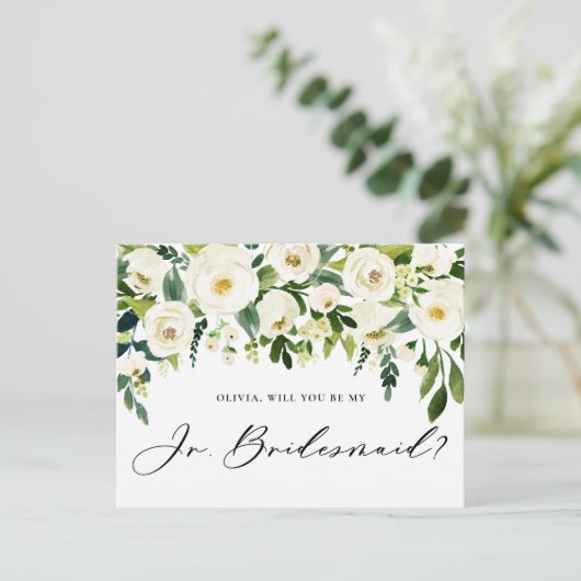 Waterverf White Flowers Jr. Bridesmaid Voorstel Uitnodiging Briefkaart (Staand voorkant)