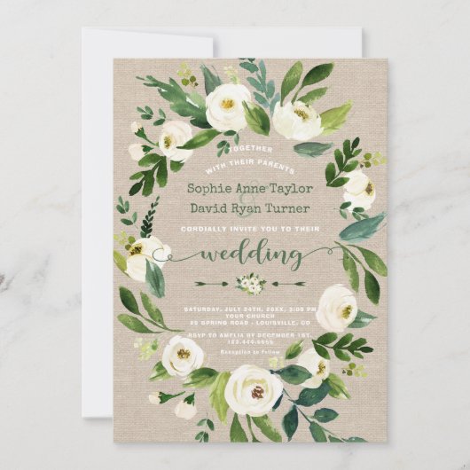 Waterverf White Flowers Linen Canvas Wedding Kaart (Voorkant)