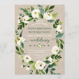 Waterverf White Flowers Linen Canvas Wedding Kaart