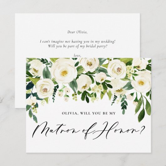 Waterverf White Flowers Matron of Honor Voorstel Uitnodiging Briefkaart (Voorkant / Achterkant)