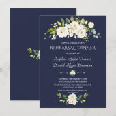 Waterverf White Flowers Navy Rehearsal Dinner Kaart (Voorkant / Achterkant)