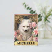 Waterverf White Fox en Roze Roses Briefkaart (Staand voorkant)