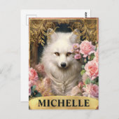 Waterverf White Fox en Roze Roses Briefkaart (Voorkant / Achterkant)