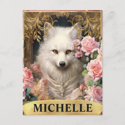 Waterverf White Fox en Roze Roses Briefkaart (Voorkant)