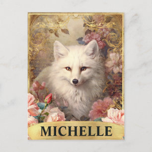 Waterverf  White Fox en Roze Roses Briefkaart