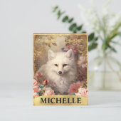Waterverf  White Fox en Roze Roses Briefkaart (Staand voorkant)