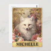 Waterverf  White Fox en Roze Roses Briefkaart (Voorkant / Achterkant)