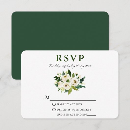 Waterverf White Green Floral Greenery RSVP Kaartje (Voorkant / Achterkant)