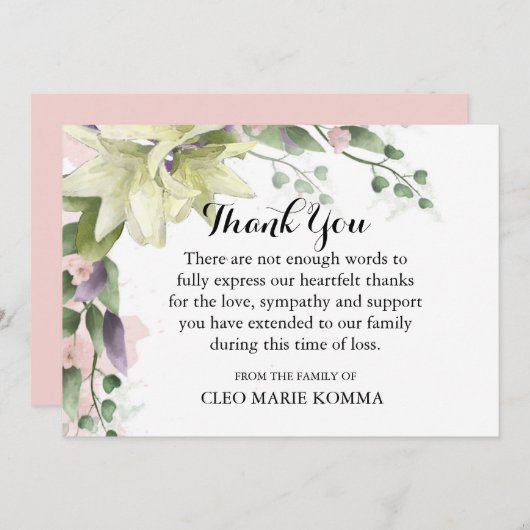 Waterverf White Lilies Sympathie Hartelijk dank Bedankkaart (Voorkant / Achterkant)