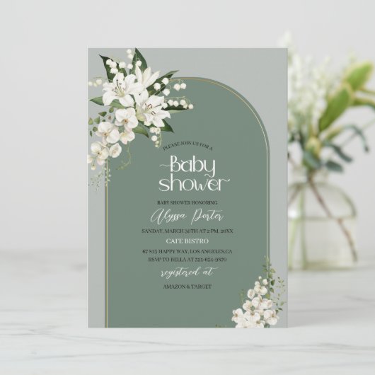 Waterverf White Lily en green background Baby Sh Kaart (Staand voorkant)