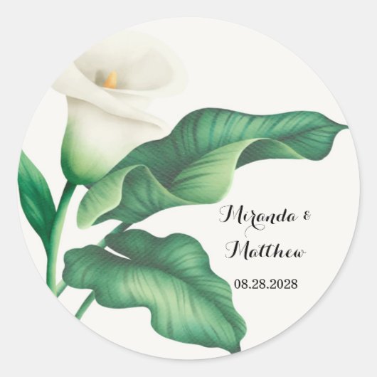 Waterverf White Lily met Green Foliage Weddenschap Ronde Sticker (Voorkant)