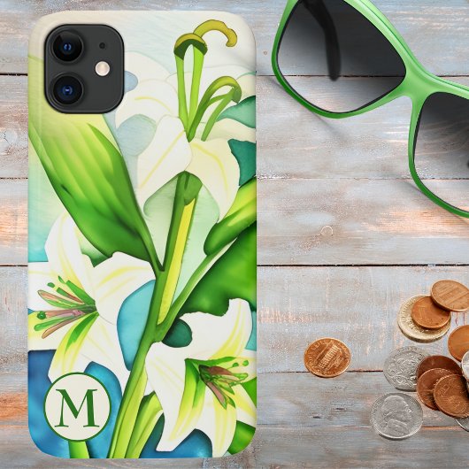 Waterverf White Lily met Monogram Case-Mate iPhone Case